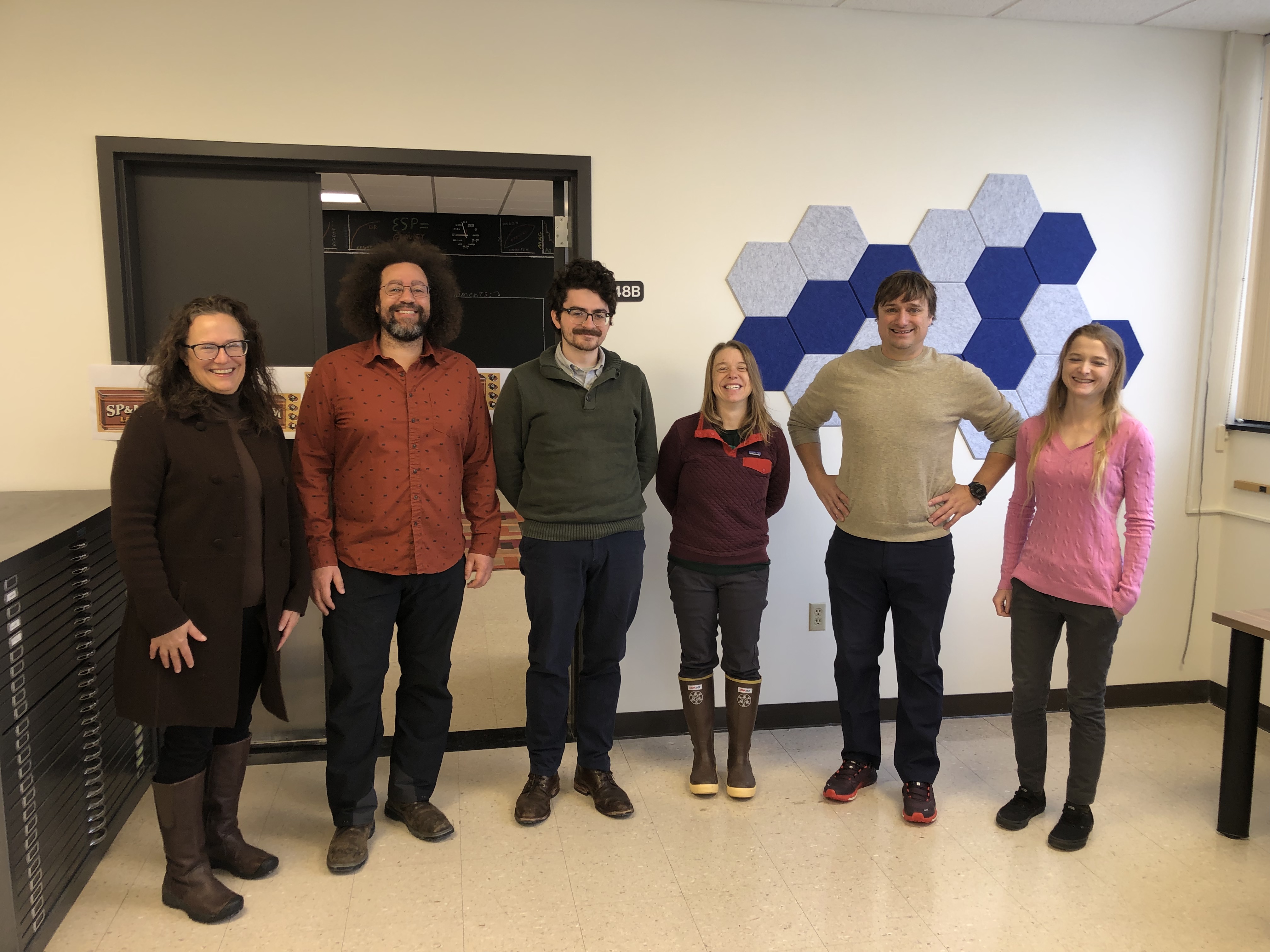 From left to right: KGS-EES research assistant professor Dr. Sarah Johnson, KGS geologists Dr. Jason Dortch, Hudson Koch, Sarah Arpin, EES associate professor Dr. Ryan Thigpen, and KGS geologist Meredith Swallom at the opening of the SP&M Lab in the Mining and Minerals Building.