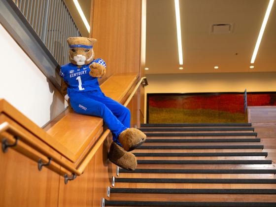 Wildcat sits on the banister in the atrium of the Gatton College of Business and Economics Building.